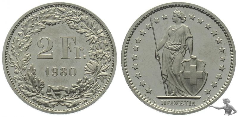 2 Franken 1980 | Prachtstück aus Kursmünzensatz !!!